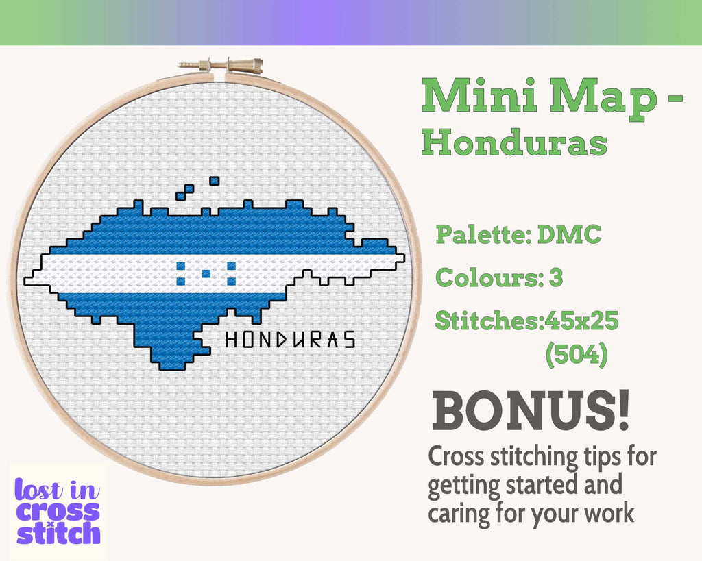 Honduras Cross Stitch Pattern: Tiny Flag Map