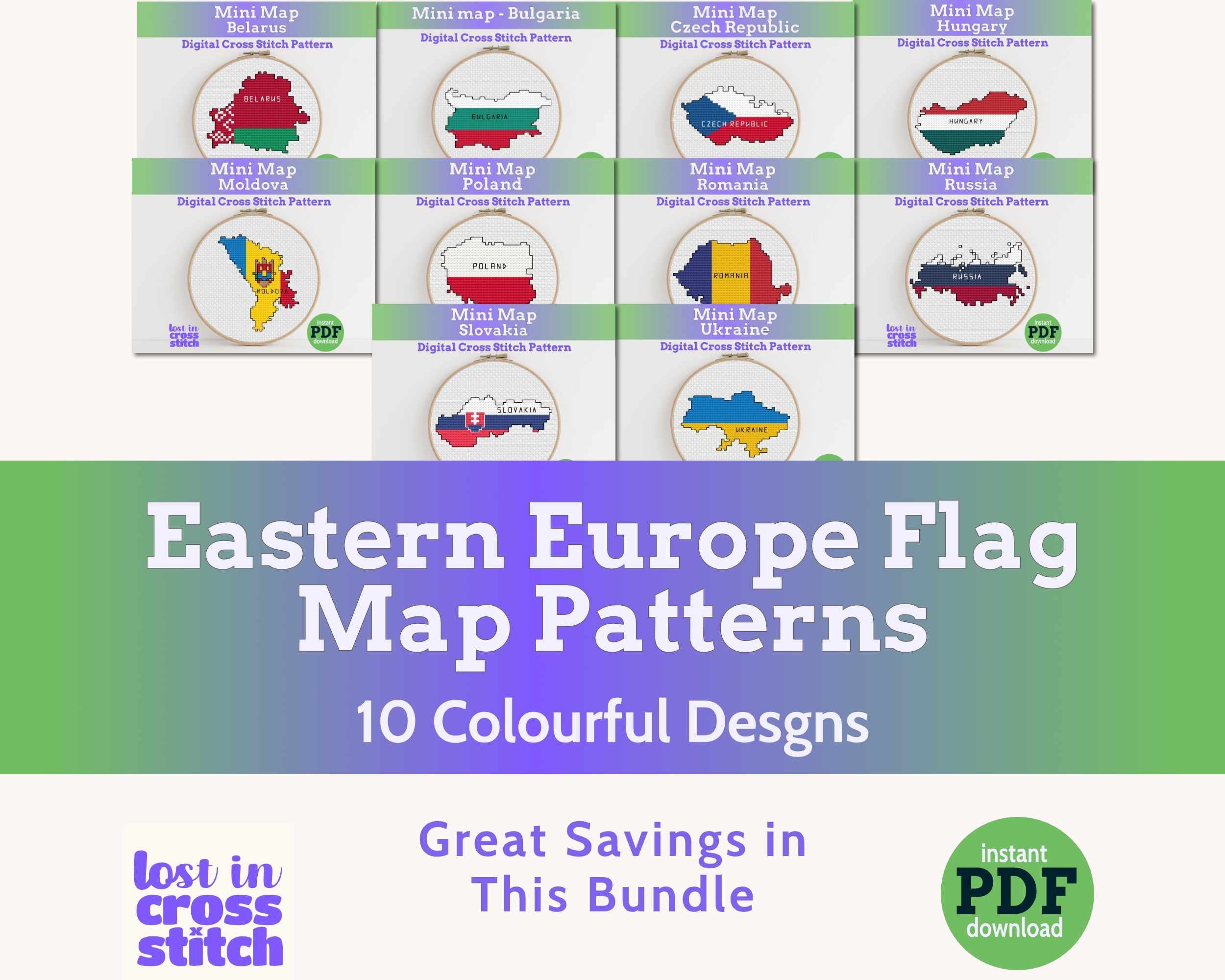 Slavic and Eastern Europe Cross Stitch Pattern Bundle: 10 Mini Flag Map Patterns Main image