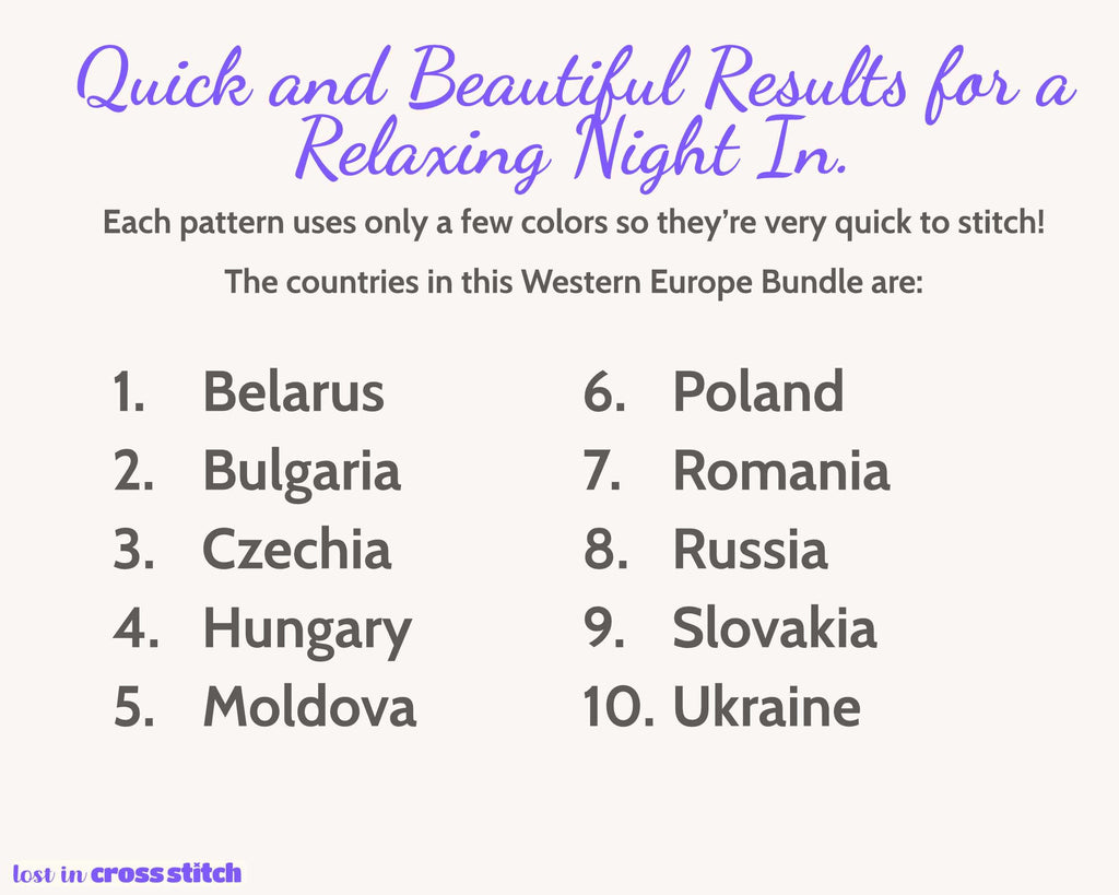 Slavic and Eastern Europe Cross Stitch Pattern Bundle: 10 Mini Flag Map Patterns