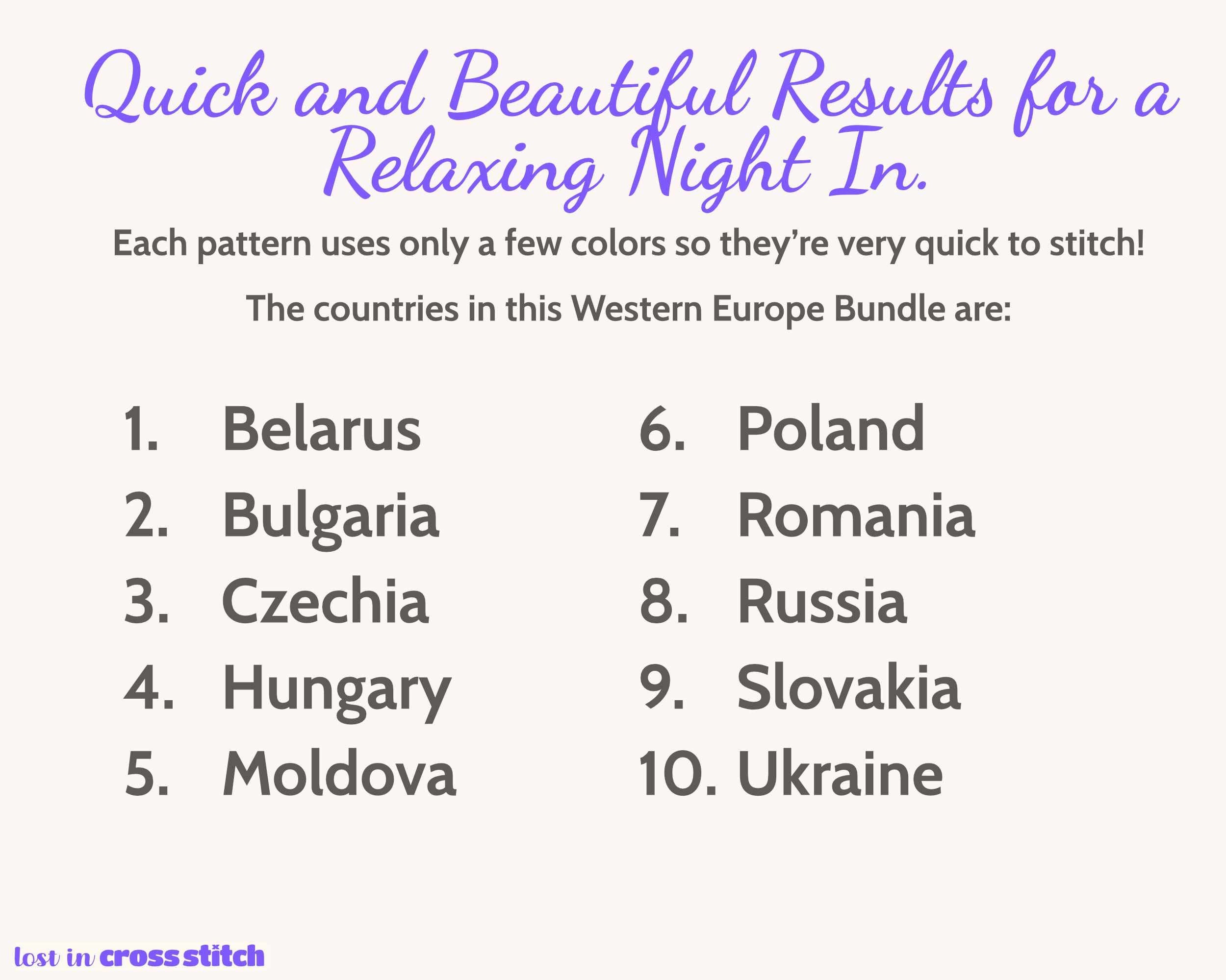 Slavic and Eastern Europe Cross Stitch Pattern Bundle: 10 Mini Flag Map Patterns
