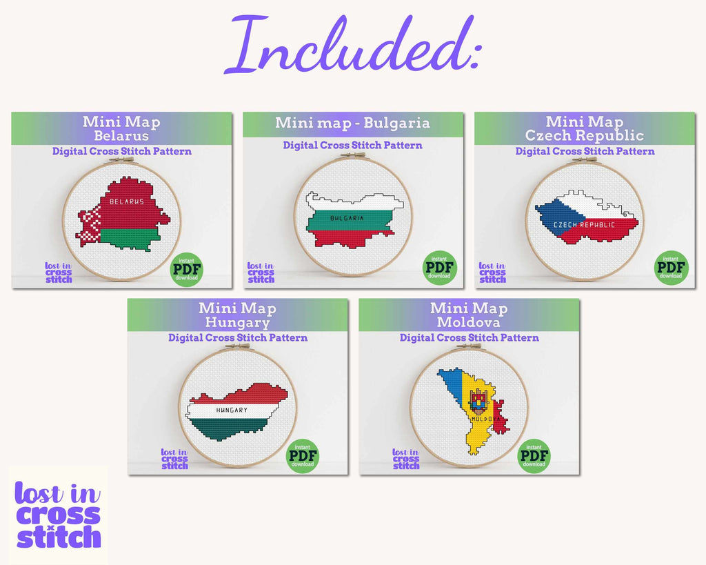 Slavic and Eastern Europe Cross Stitch Pattern Bundle: 10 Mini Flag Map Patterns