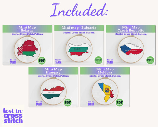 Slavic and Eastern Europe Cross Stitch Pattern Bundle: 10 Mini Flag Map Patterns