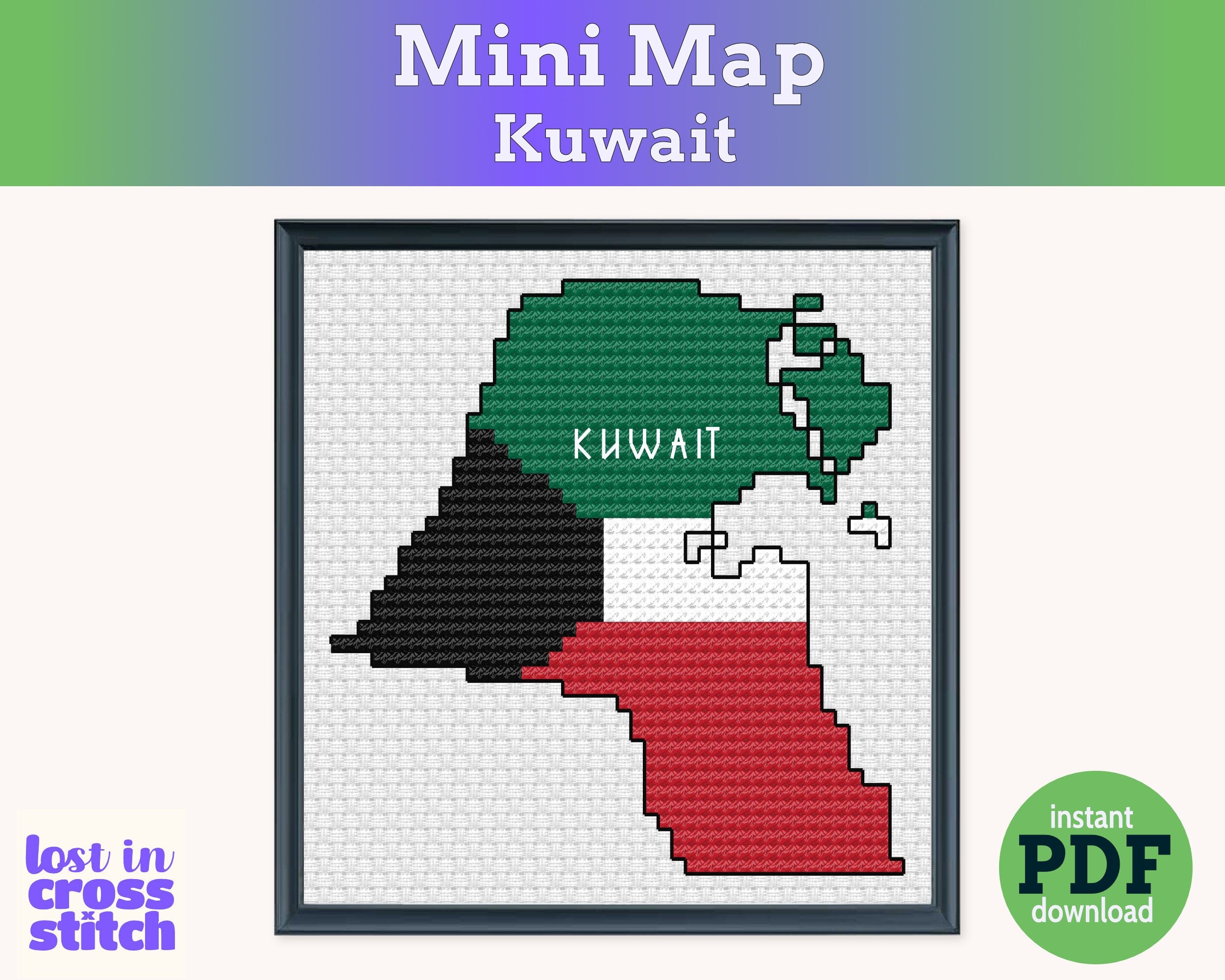 Kuwait Cross Stitch Pattern: Tiny Flag Map Main image