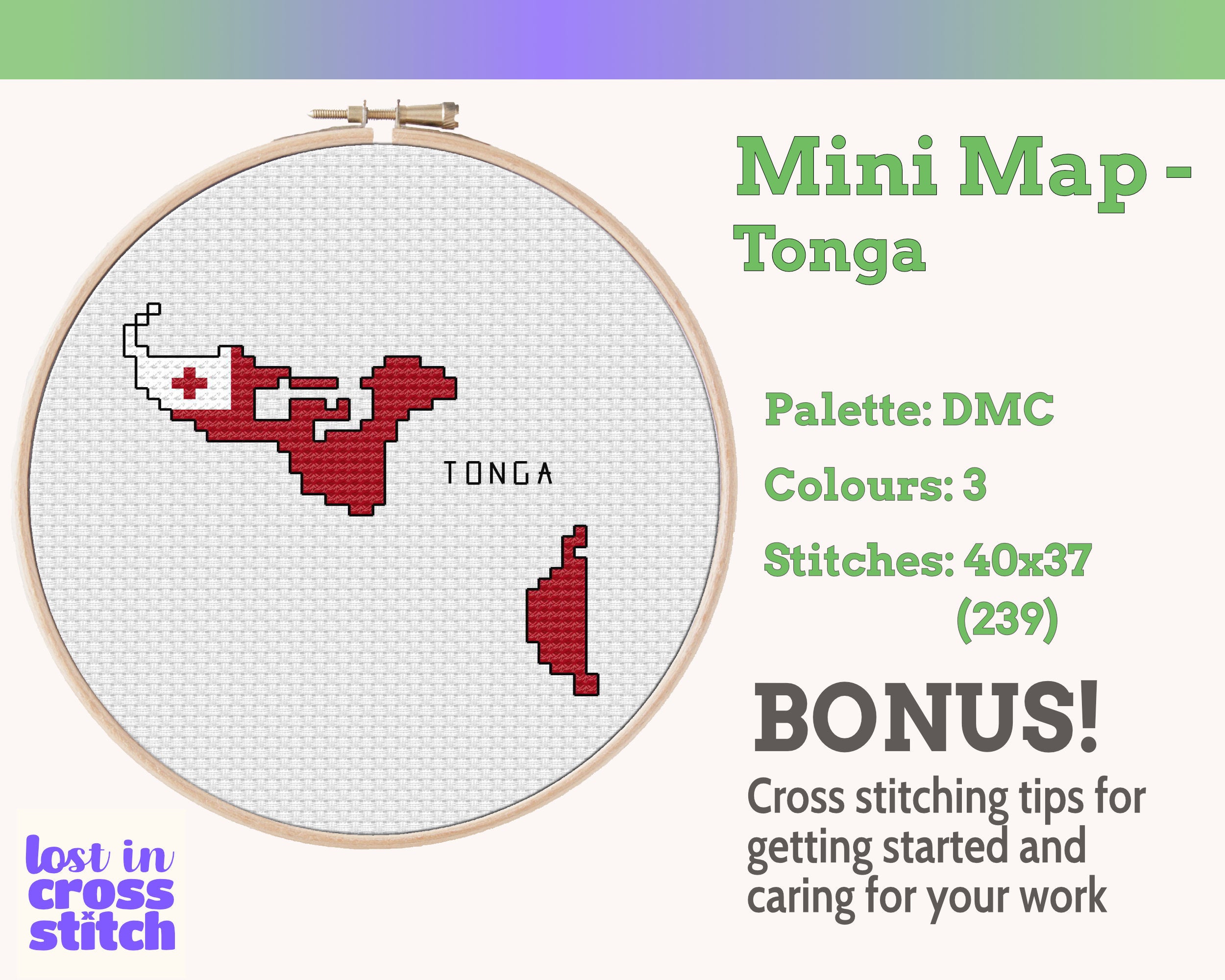 Tonga Cross Stitch Pattern: Tiny Flag Map