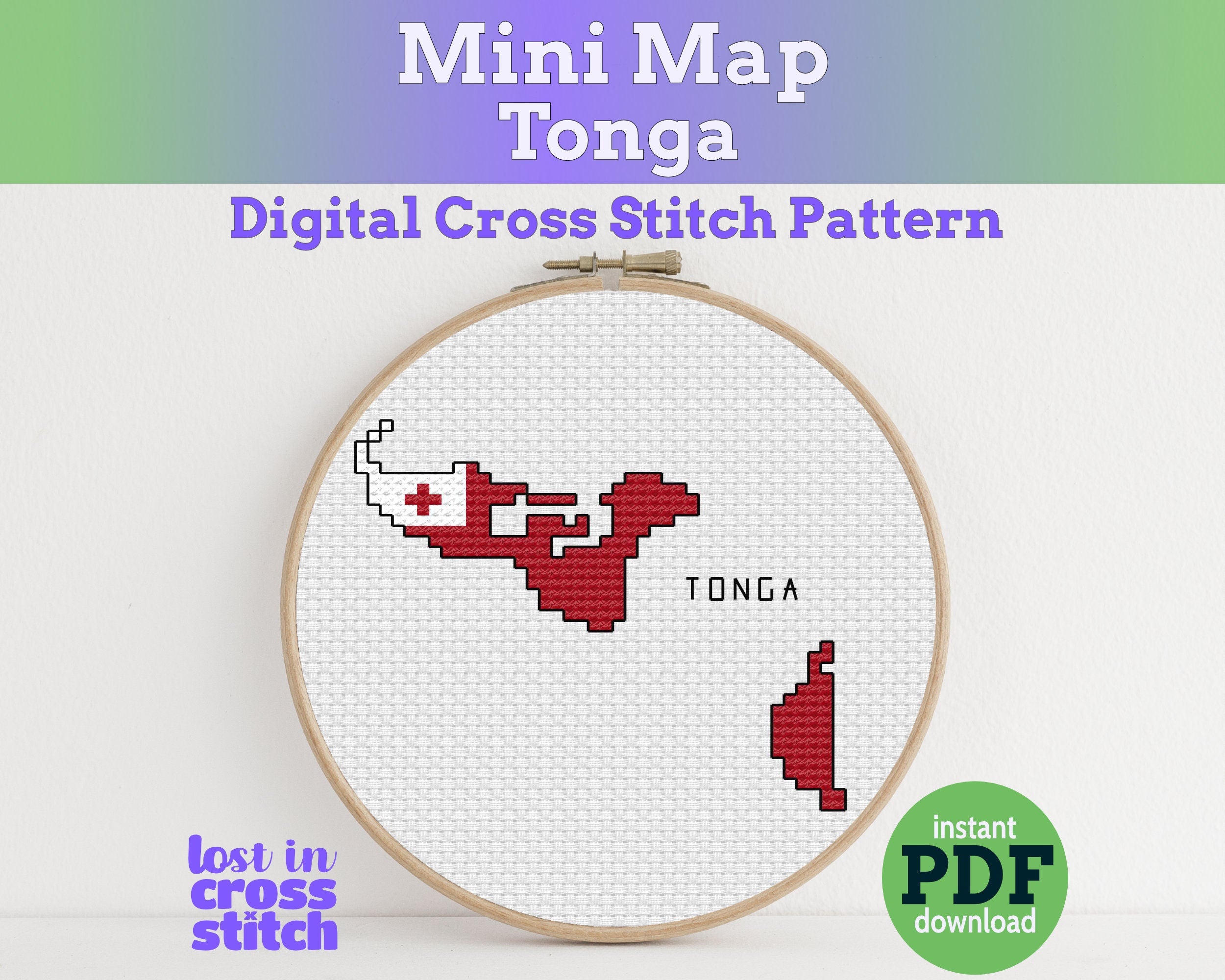 Tonga Cross Stitch Pattern: Tiny Flag Map Main image