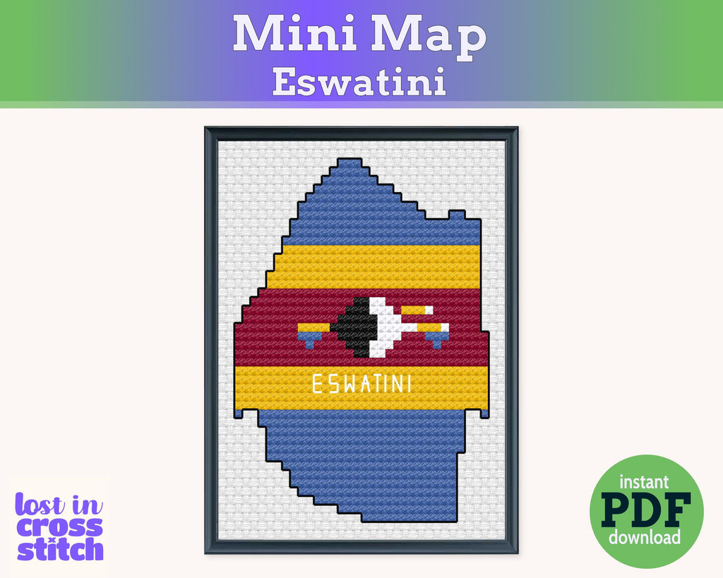Eswatini (Swaziland) Cross Stitch Pattern: Tiny Flag Map with Shield