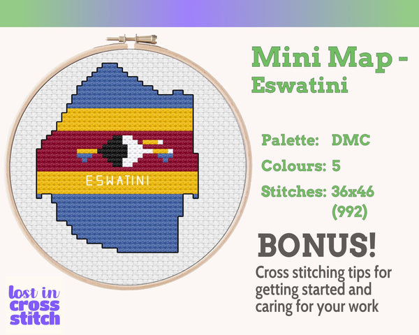 Eswatini (Swaziland) Cross Stitch Pattern: Tiny Flag Map with Shield
