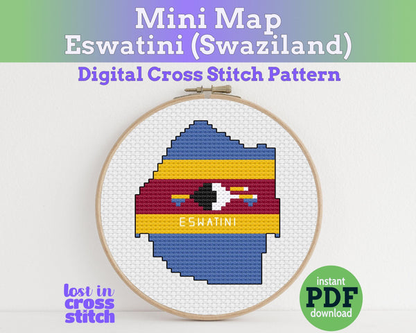 Eswatini (Swaziland) Cross Stitch Pattern: Tiny Flag Map with Shield