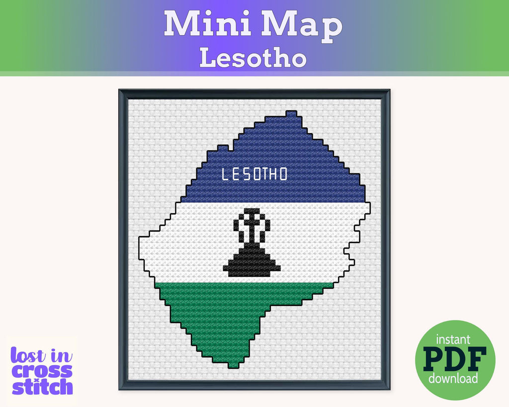 Lesotho Cross Stitch Pattern: Tiny Flag Map with Basotho Hat