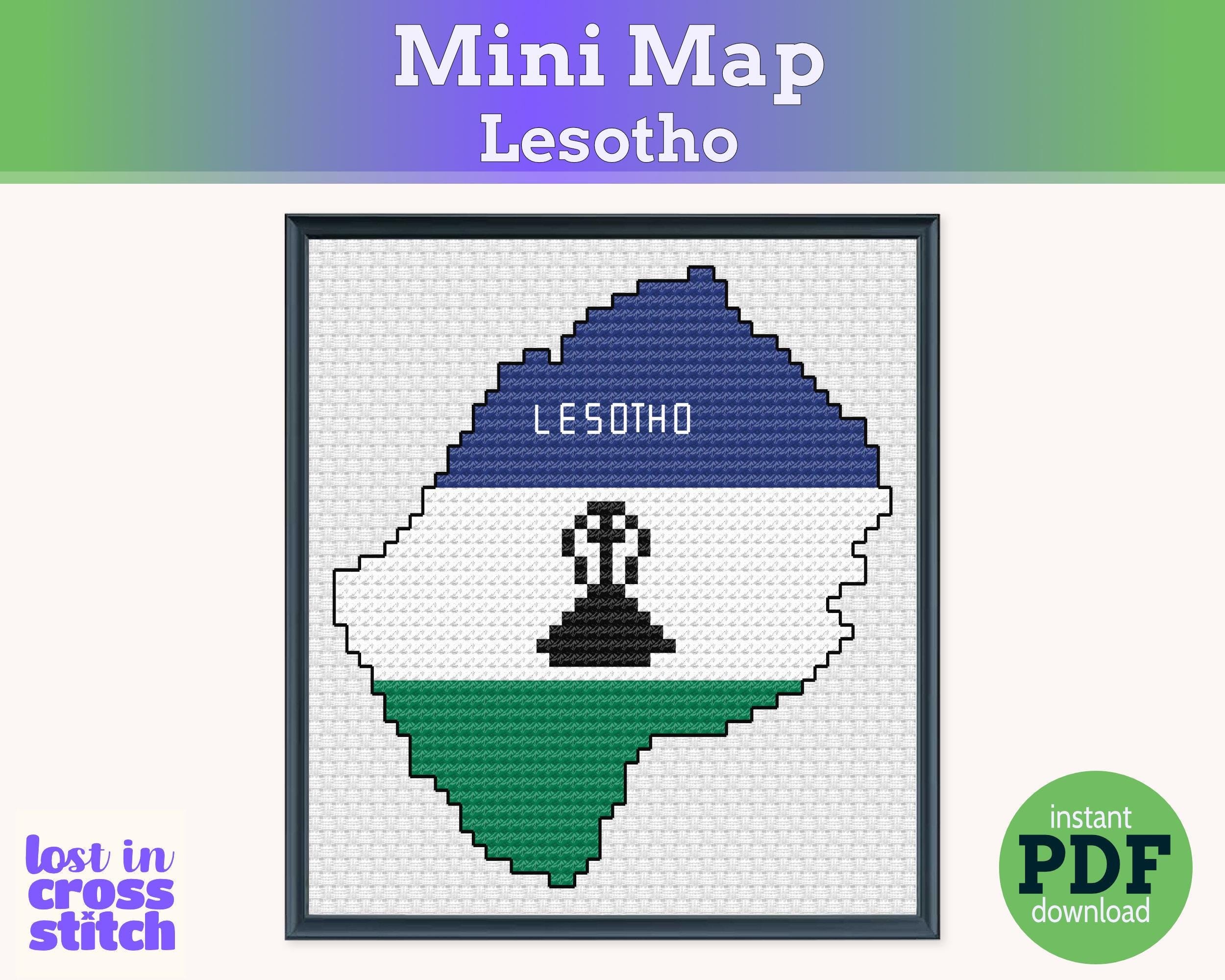 Lesotho Cross Stitch Pattern: Tiny Flag Map with Basotho Hat