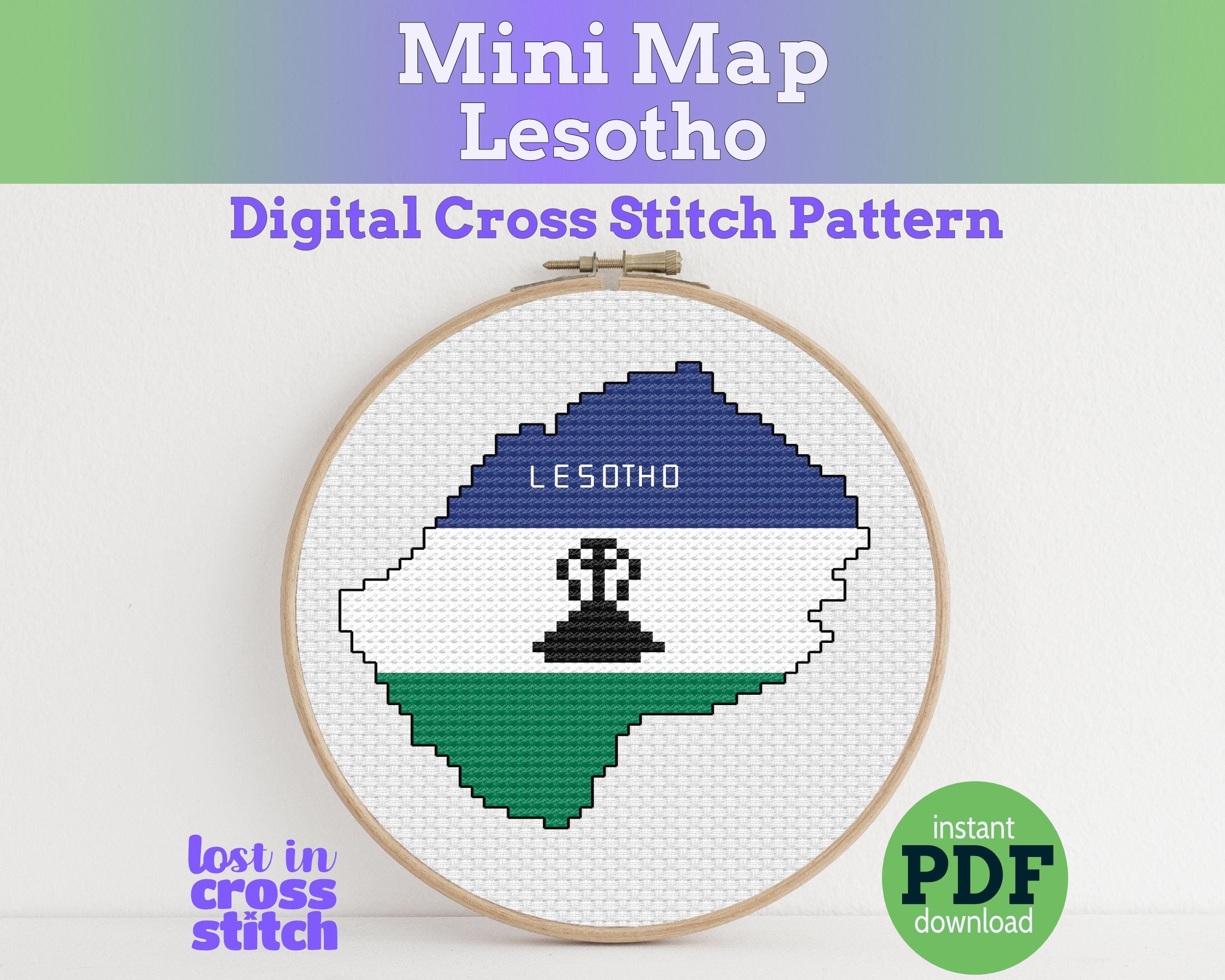 Lesotho Cross Stitch Pattern: Tiny Flag Map with Basotho Hat Main image