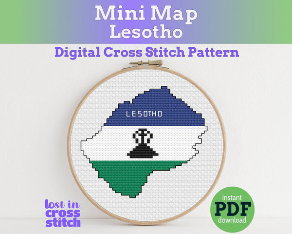 Lesotho Cross Stitch Pattern: Tiny Flag Map with Basotho Hat