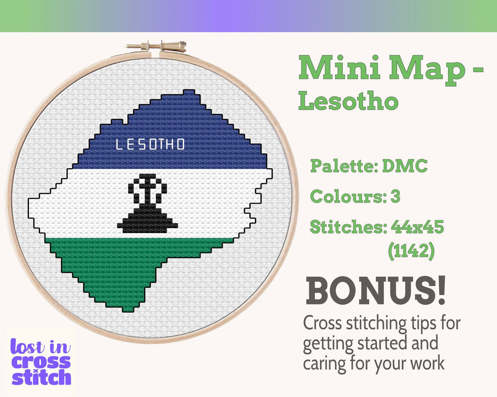 Lesotho Cross Stitch Pattern: Tiny Flag Map with Basotho Hat