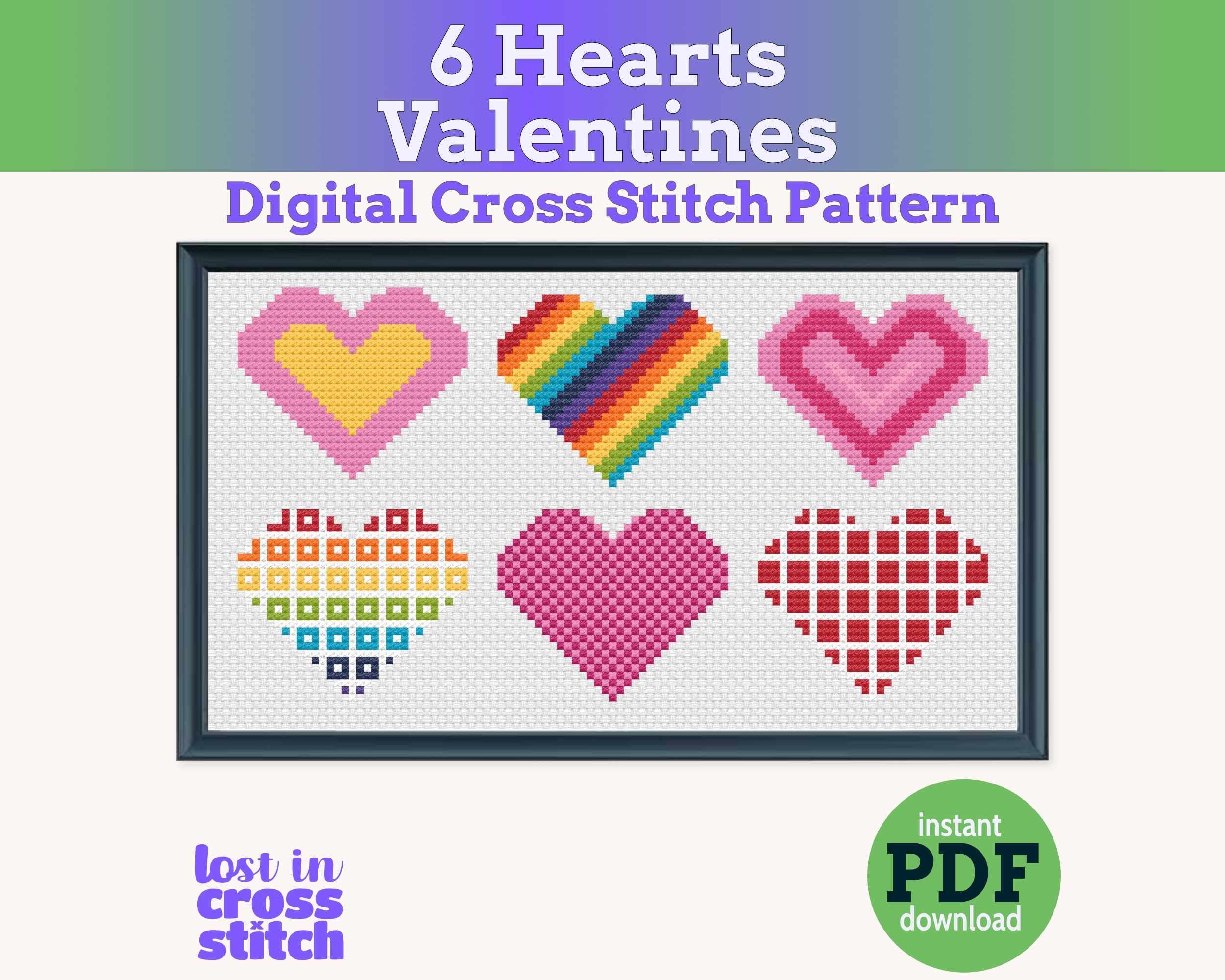 Digital cross stitch pattern for Valentine's Day with colorful hearts on a white background. Main image
