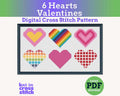 Digital cross stitch pattern for Valentine's Day with colorful hearts on a white background.
