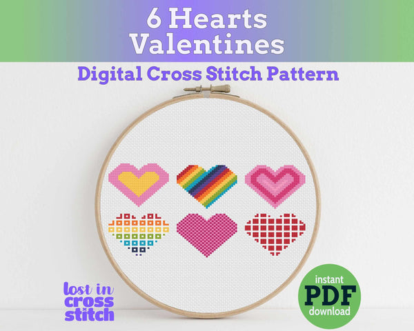 Six Small Heart Cross Stitch Patterns PDF