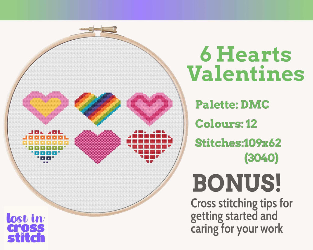 Six Small Heart Cross Stitch Patterns PDF