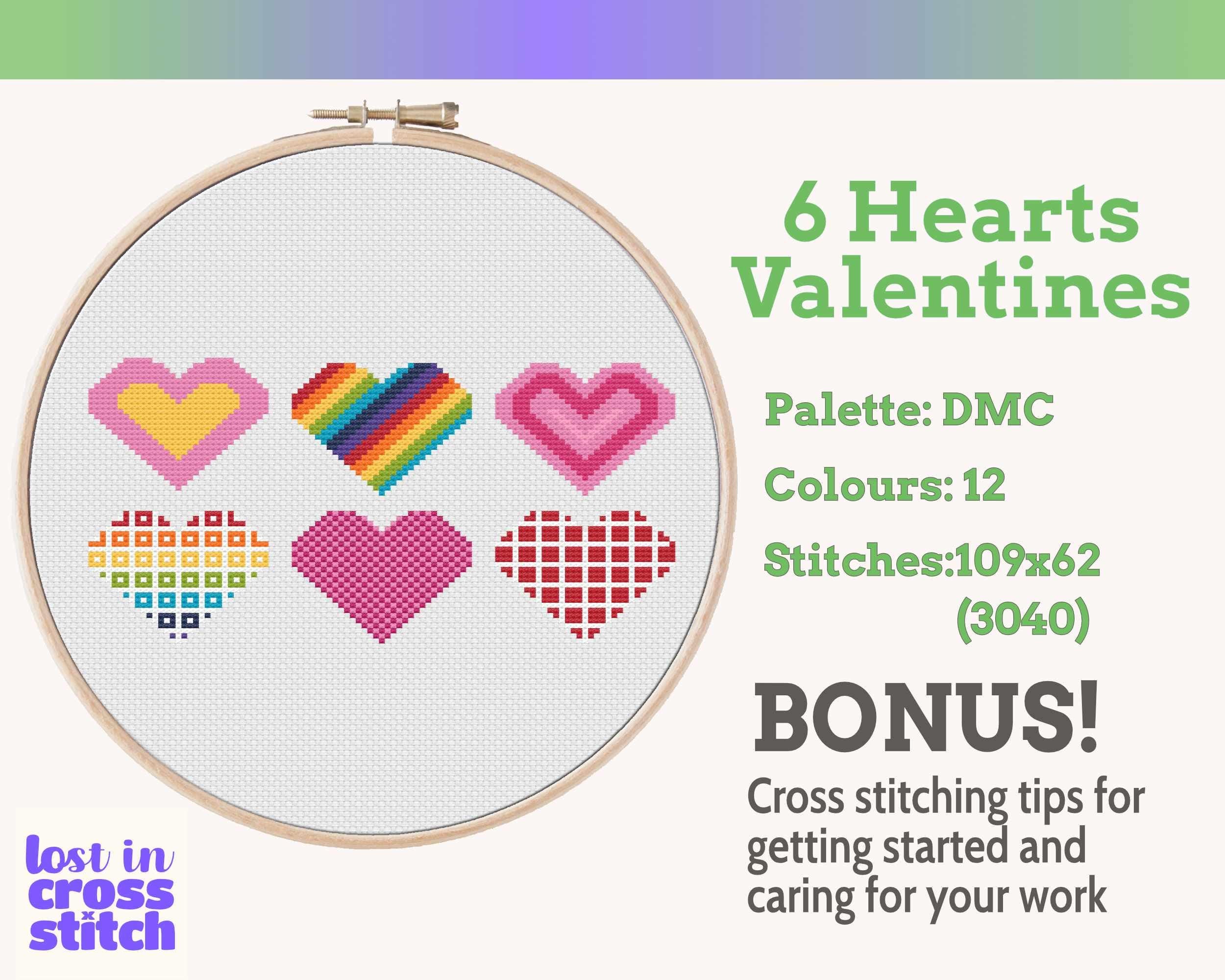 Six Small Heart Cross Stitch Patterns PDF