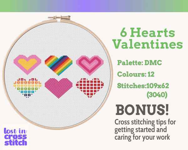 Six Small Heart Cross Stitch Patterns PDF