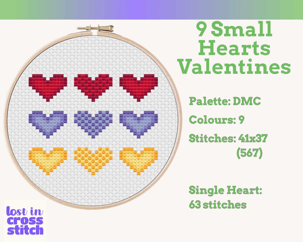 Nine Tiny Heart Cross Stitch Patterns PDF