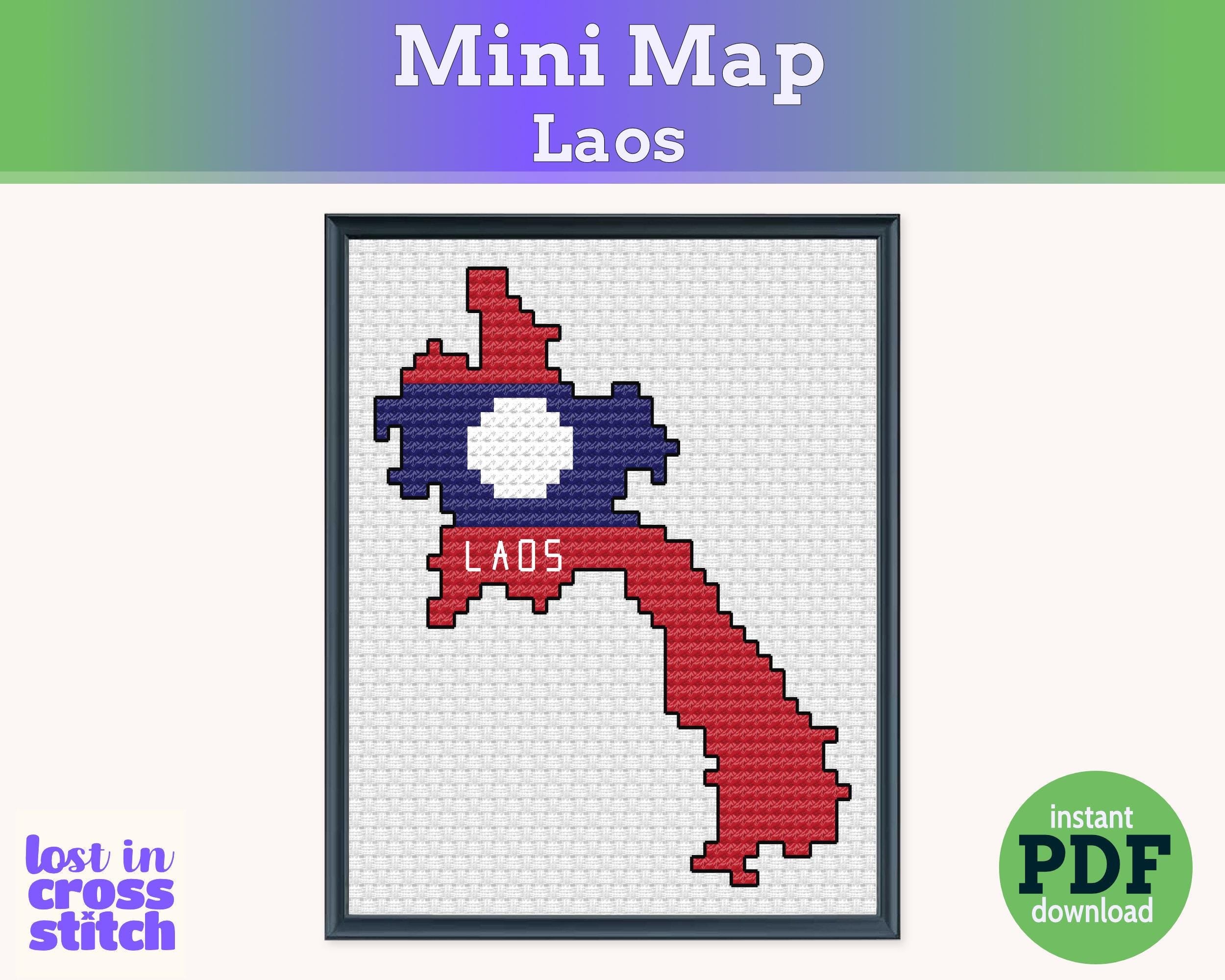 Laos Cross Stitch Pattern: Mini Flag Map Secondary image