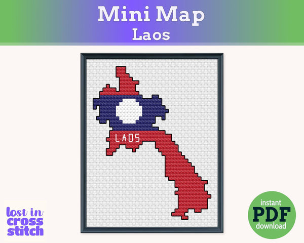 Laos Cross Stitch Pattern: Mini Flag Map