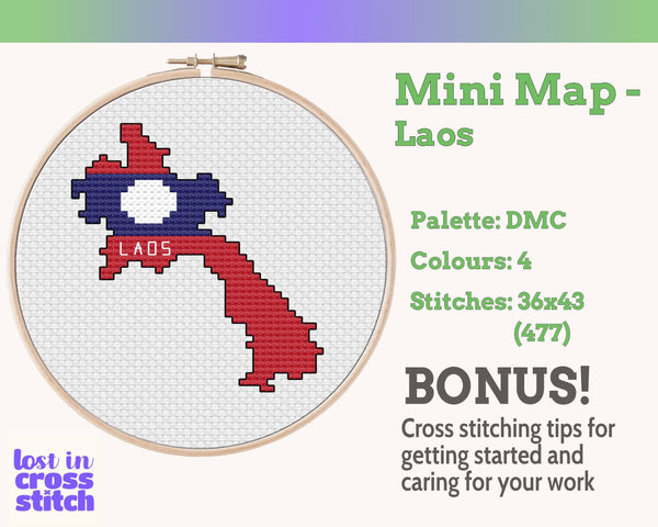 Laos Cross Stitch Pattern: Mini Flag Map