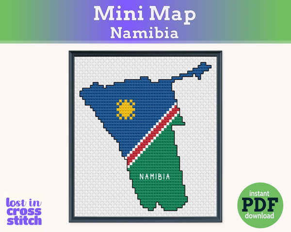 Namibia Cross Stitch Pattern: Tiny Flag Map with Golden Sun