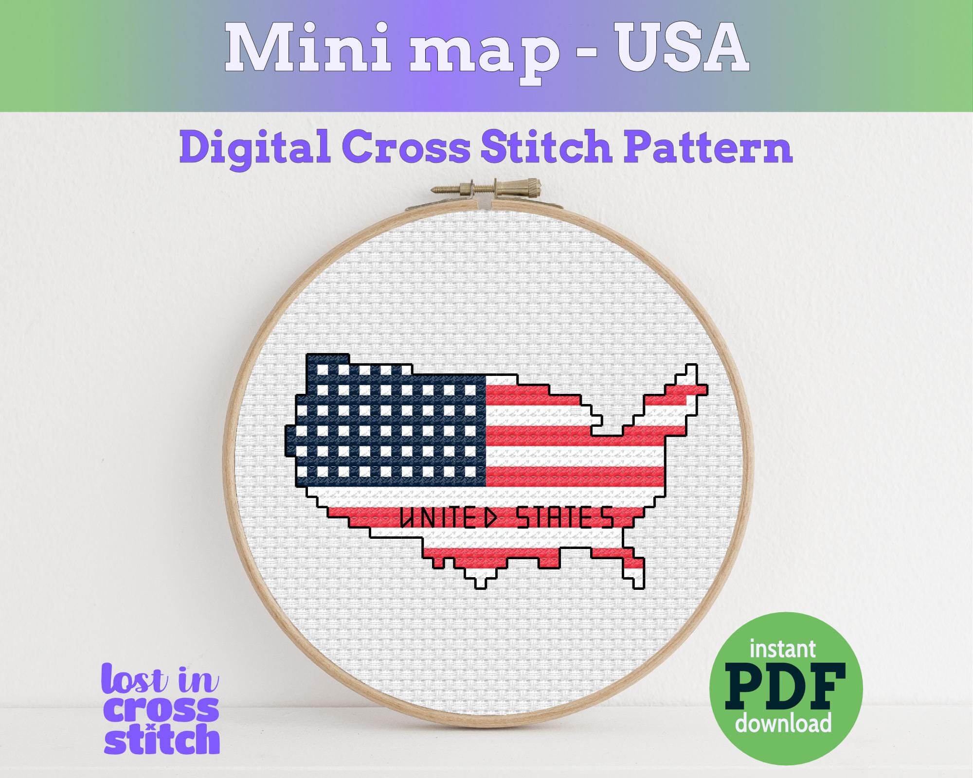USA Cross Stitch Pattern, Mini Flag Map, Stars and Stripes Travel Souvenir, Instant PDF Download Main image