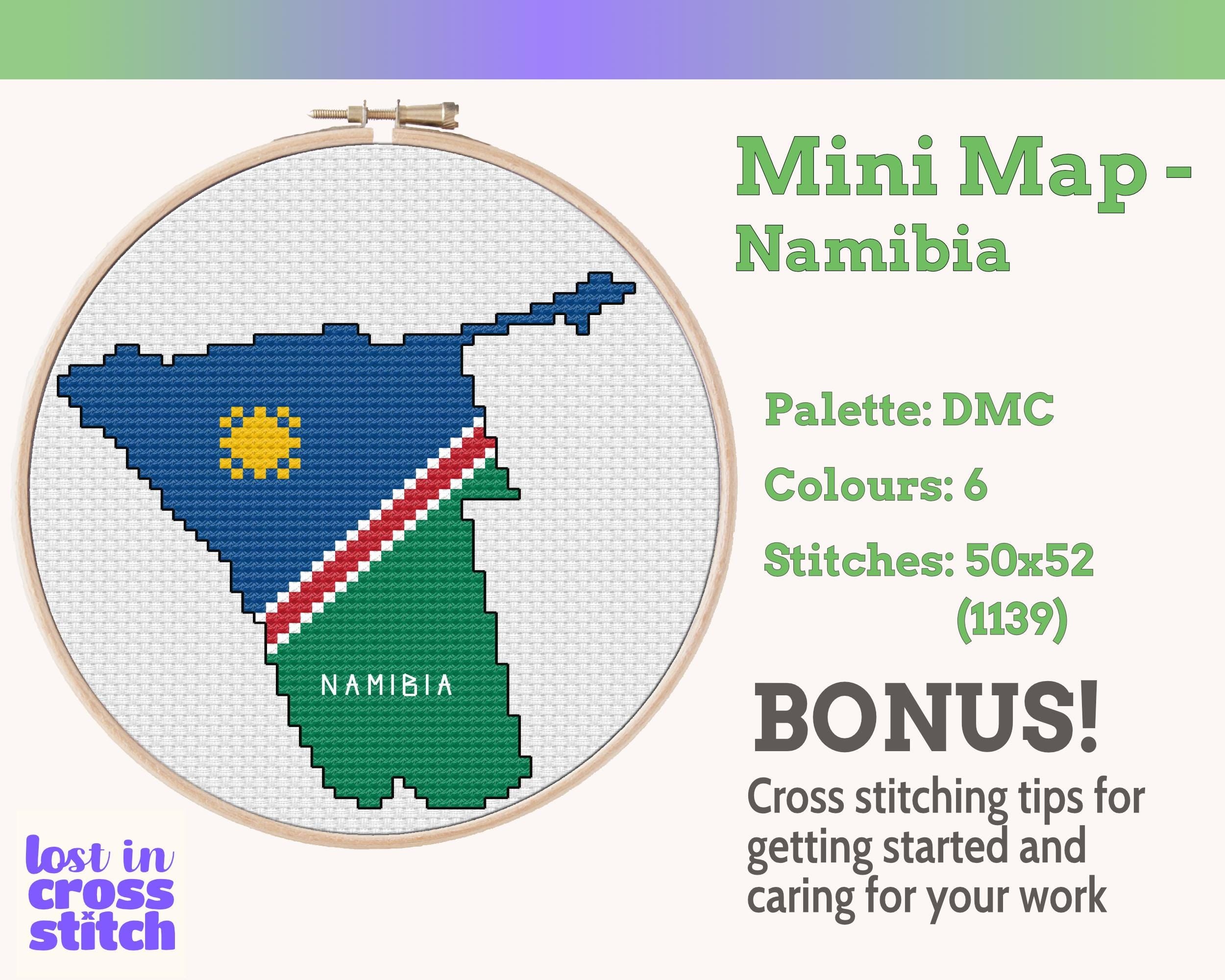 Namibia Cross Stitch Pattern: Tiny Flag Map with Golden Sun