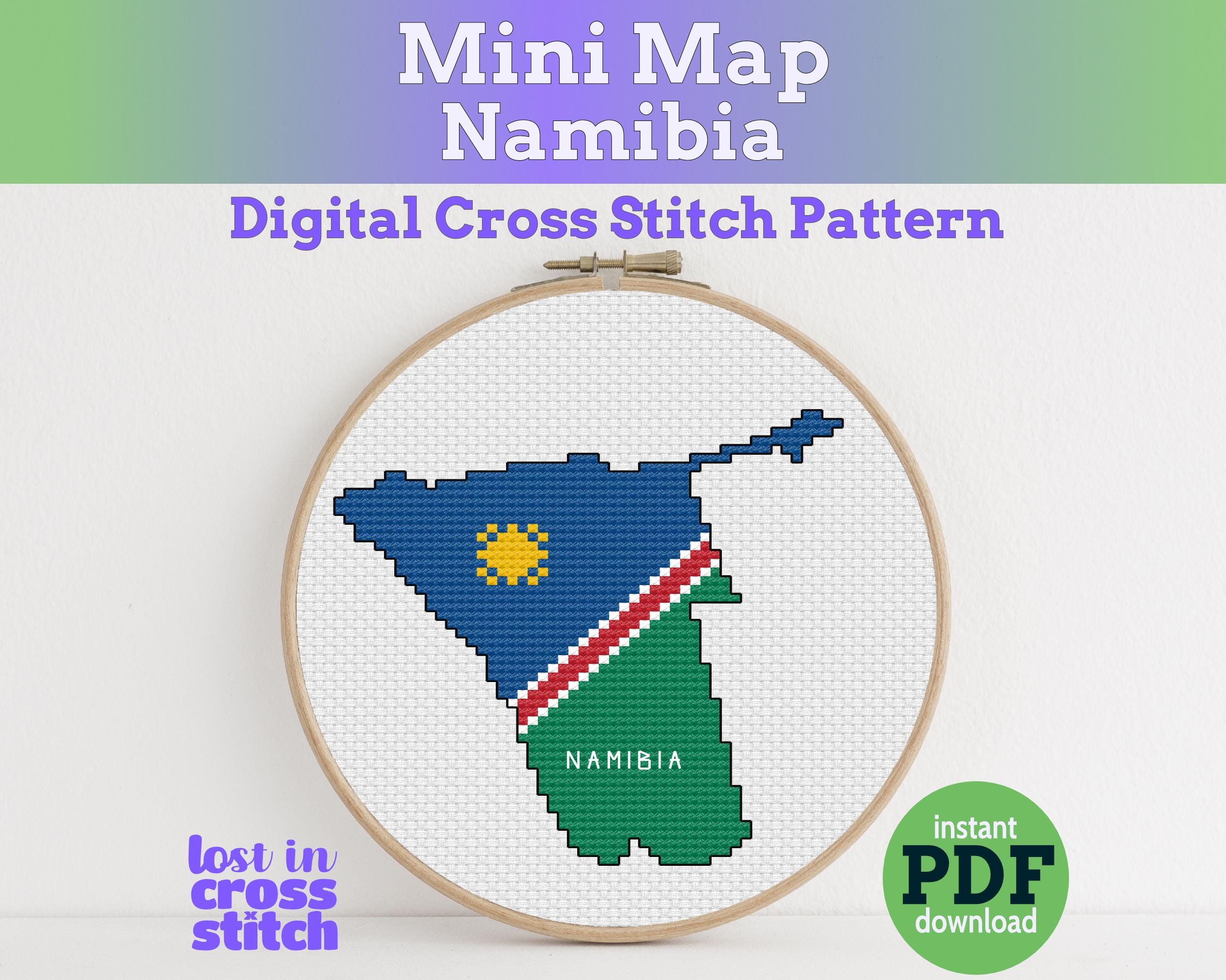 Namibia Cross Stitch Pattern: Tiny Flag Map with Golden Sun Main image