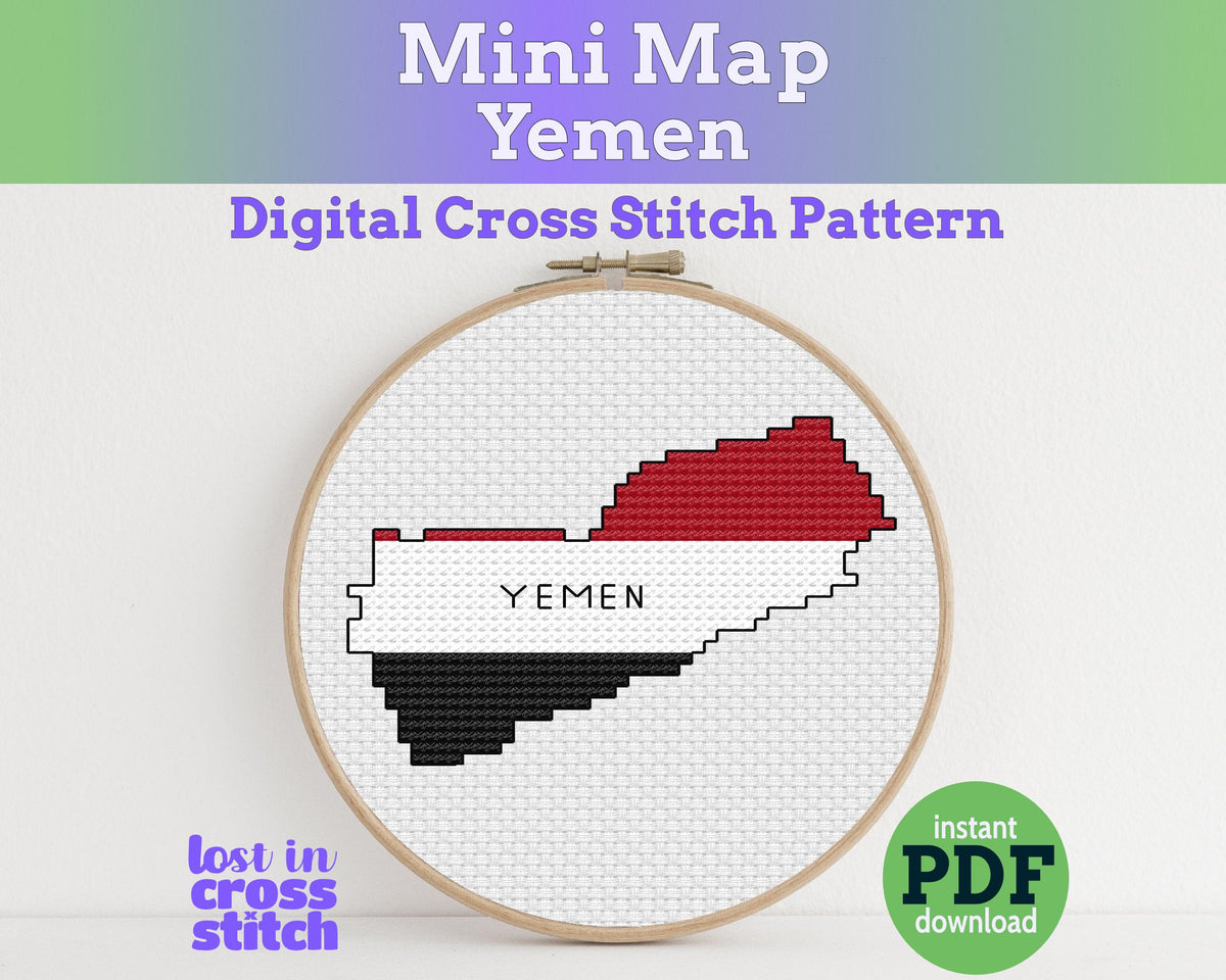 Tiny Little Yemen Flag Map Cross Stitch Pattern | PDF Digital Download | Modern Middle East Design | Pattern Keeper Ready Main image