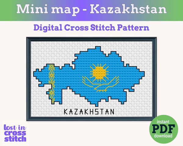 Kazakhstan Cross Stitch Pattern: Mini Flag Map
