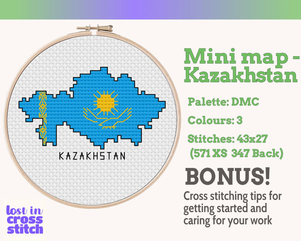 Kazakhstan Cross Stitch Pattern: Mini Flag Map
