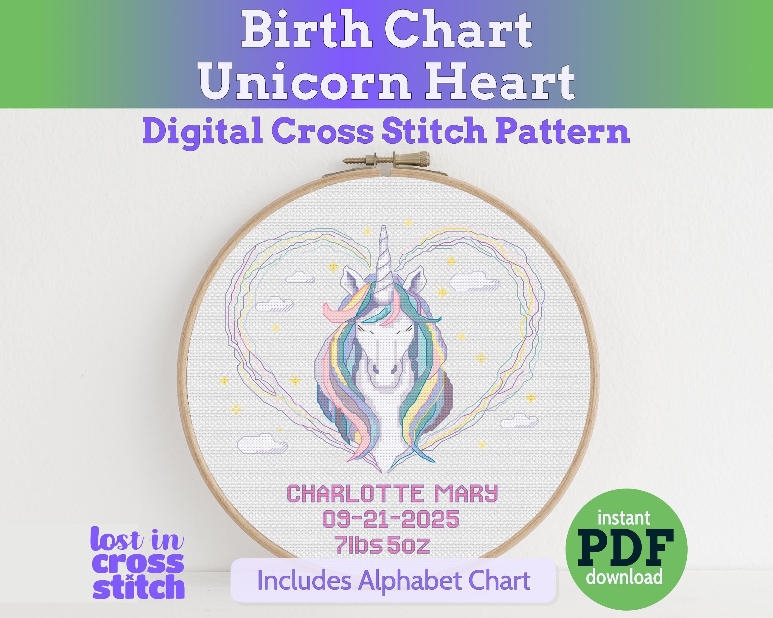 Unicorn Heart Birth Sampler Cross Stitch Pattern PDF (DIY with Alphabet Chart) Main image
