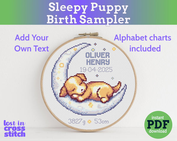 Sleepy Puppy Birth Sampler Cross Stitch Pattern PDF (DIY with Alphabet Charts)