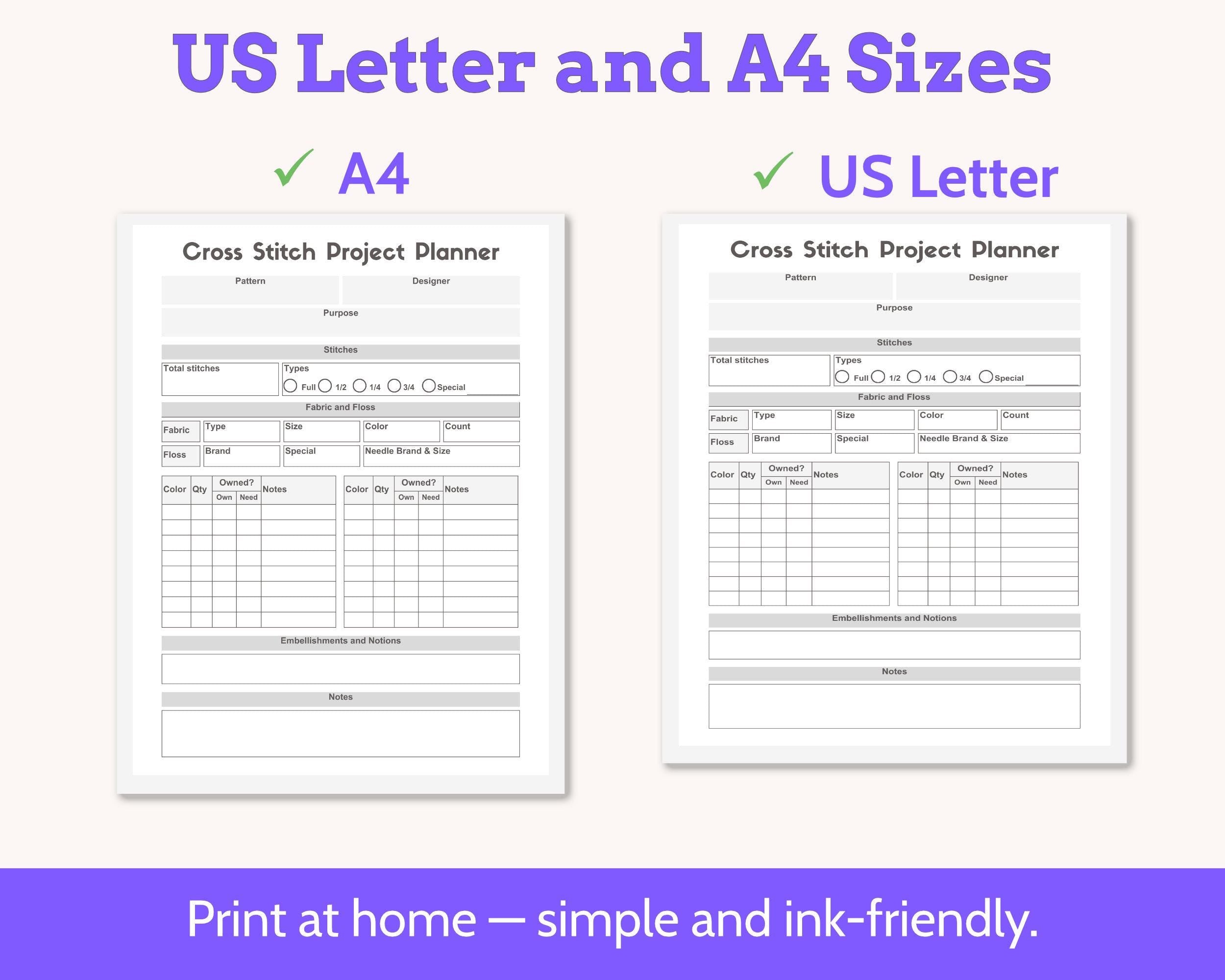 Printable Cross Stitch Project Planner and Tracker Starter Kit PDF