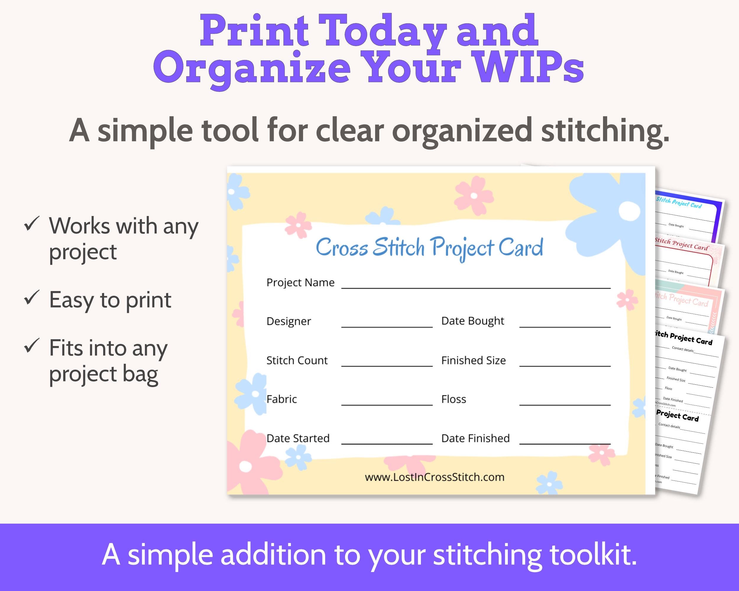Cross Stitch Embroidery Project Bag Cards Printable PDF