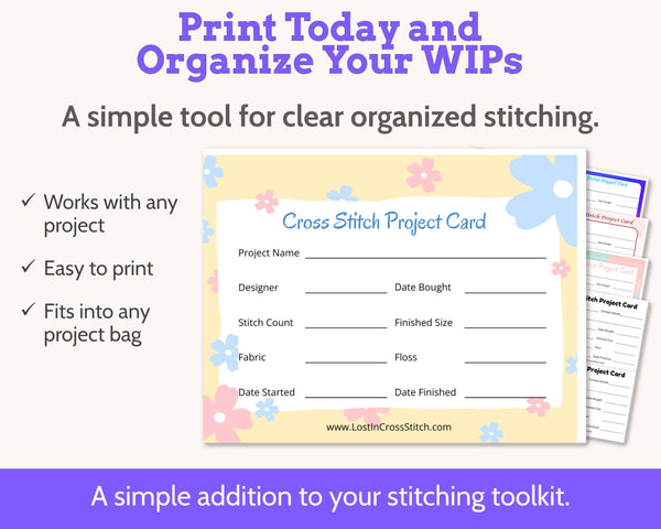 Cross Stitch Embroidery Project Bag Cards Printable PDF