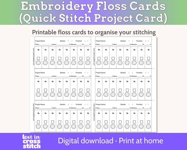 Cross Stitch Project Floss Organisation Cards PDF, Quick Stitch (6 per page)