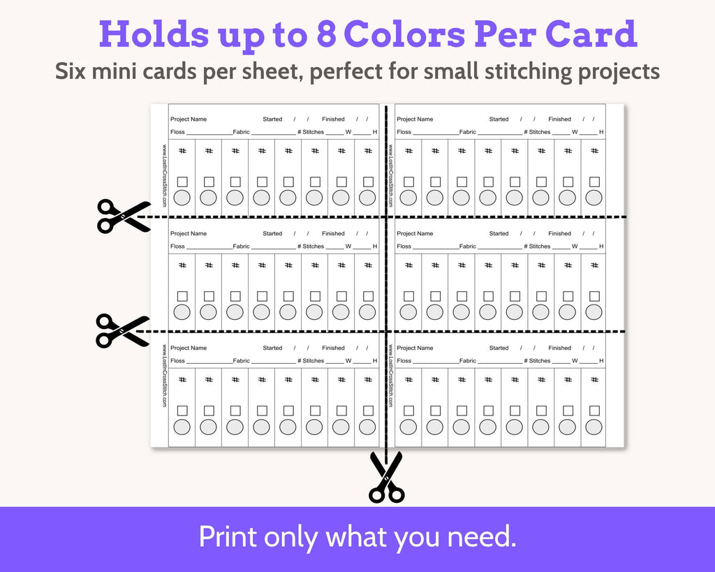 Cross Stitch Project Floss Organisation Cards PDF, Quick Stitch (6 per page)