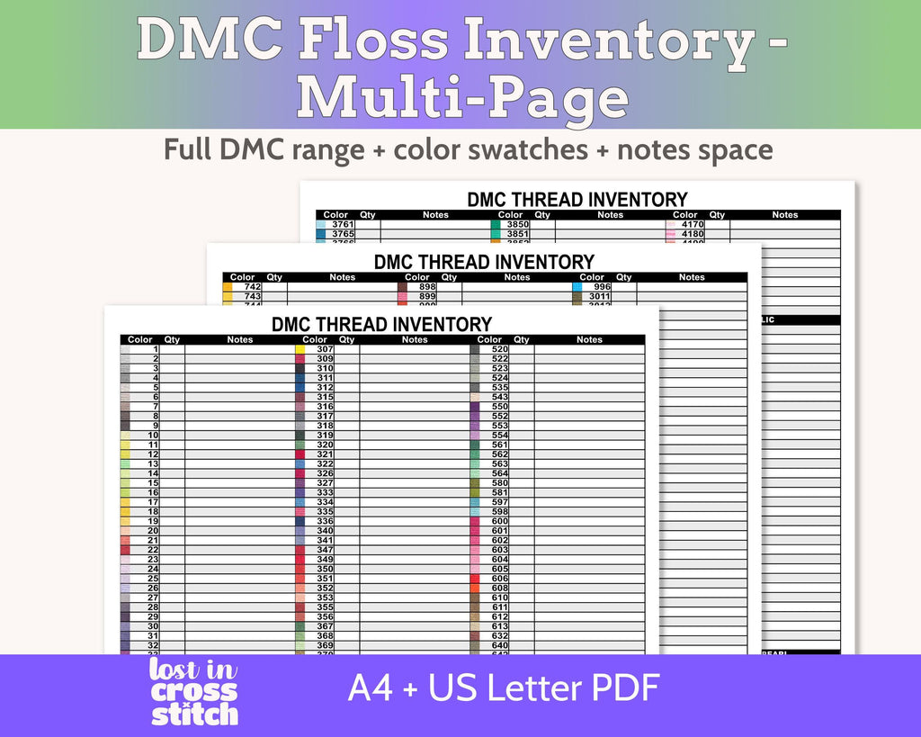 DMC Floss Color Chart Inventory for Cross Stitch and Embroidery Floss, Multi-page Organizer with Notes