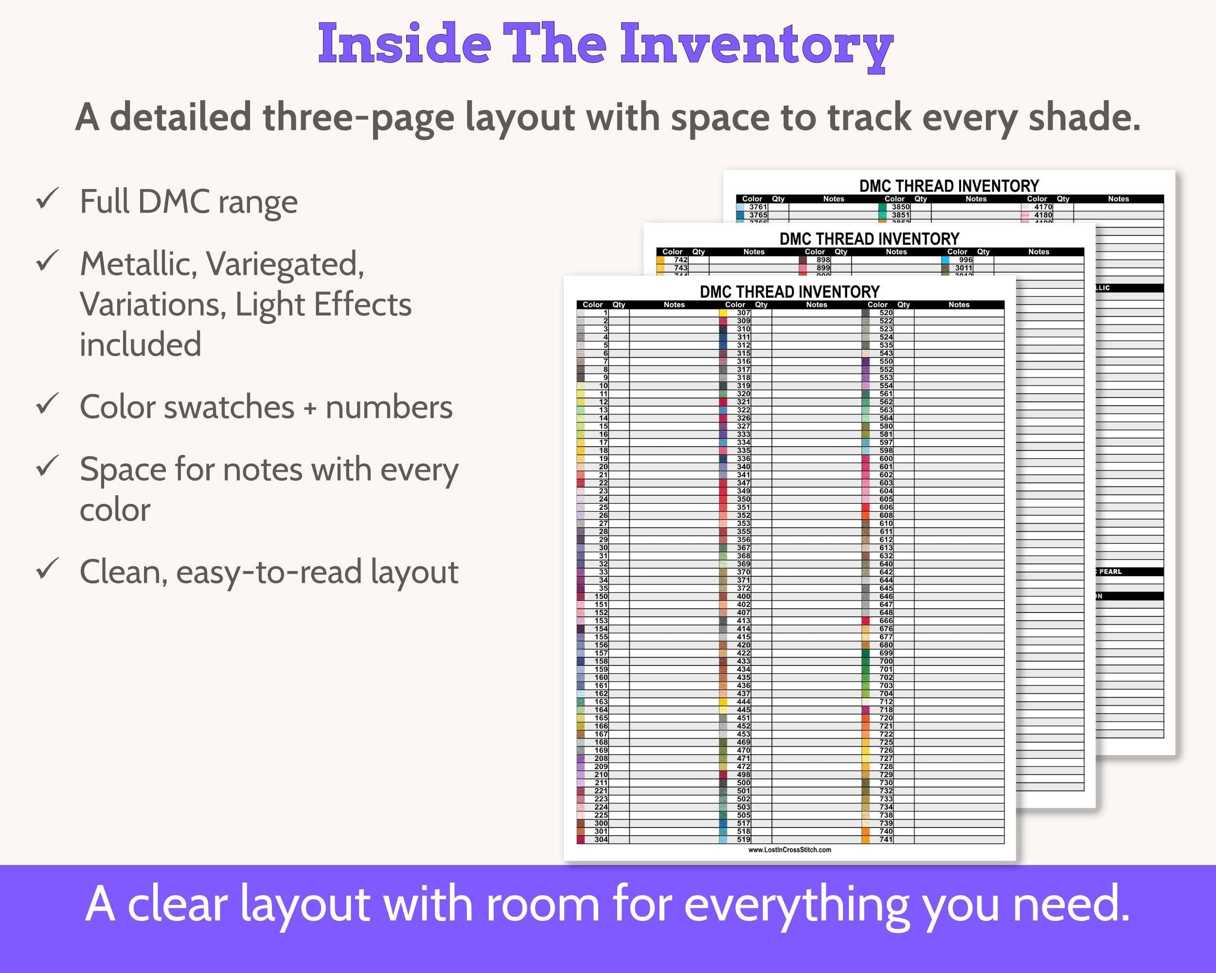 DMC Floss Color Chart Inventory for Cross Stitch and Embroidery Floss, Multi-page Organizer with Notes