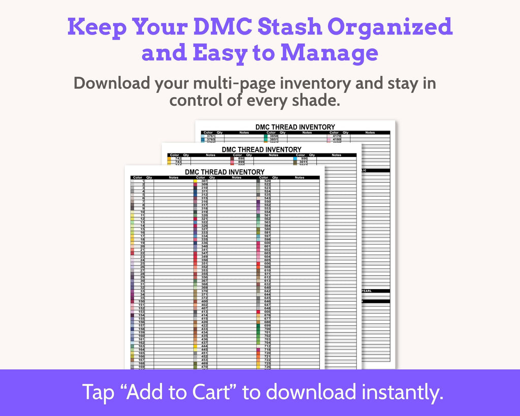 DMC Floss Color Chart Inventory for Cross Stitch and Embroidery Floss, Multi-page Organizer with Notes