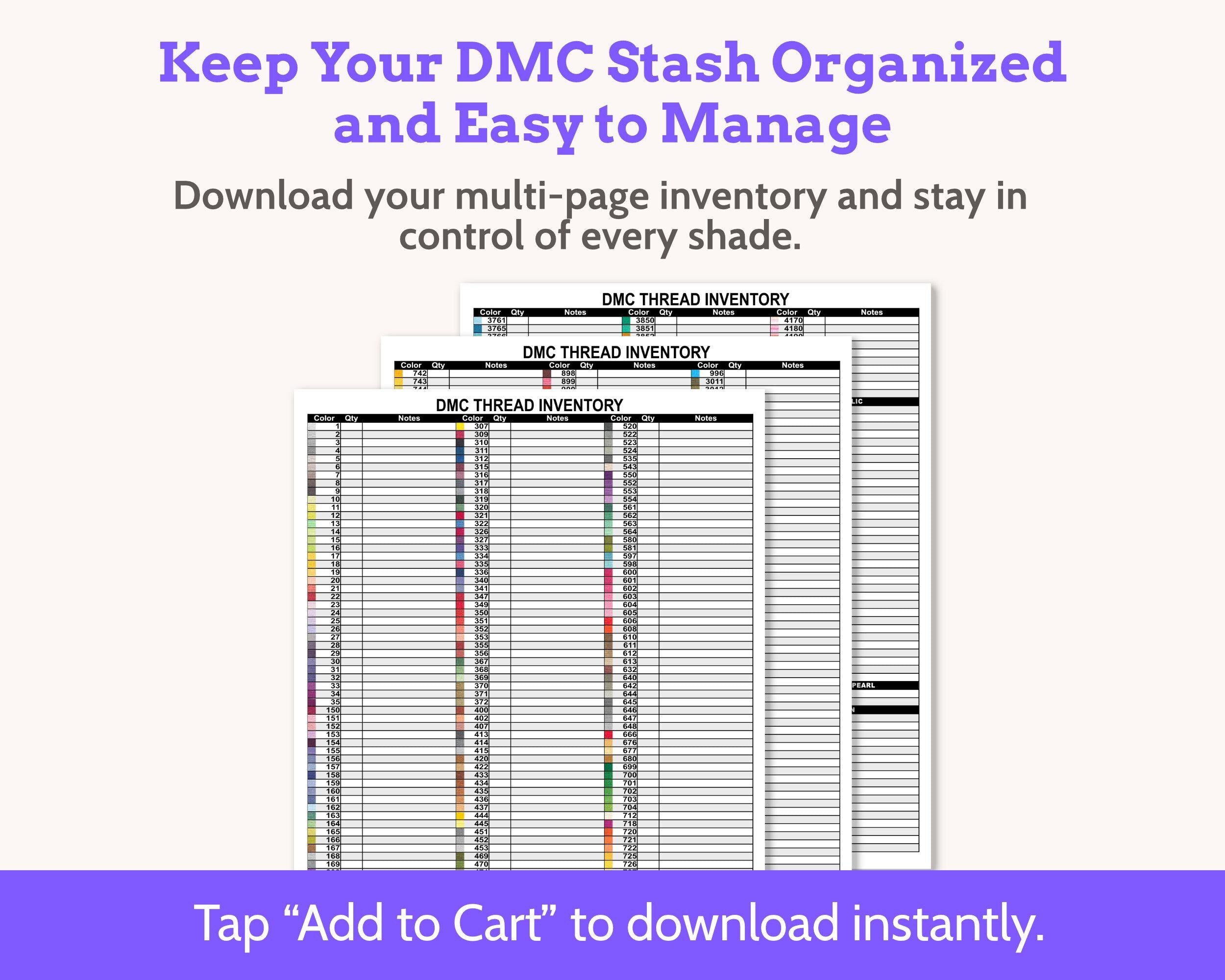 DMC Floss Color Chart Inventory for Cross Stitch and Embroidery Floss, Multi-page Organizer with Notes