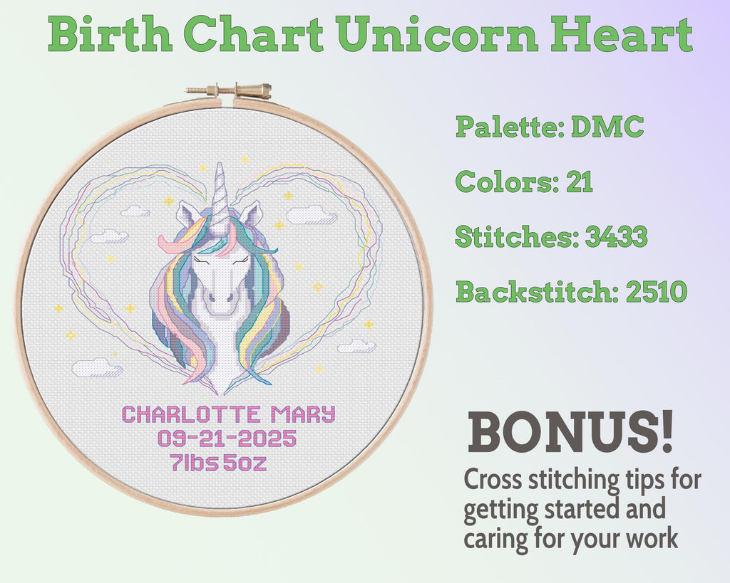 Unicorn Heart Birth Sampler Cross Stitch Pattern PDF (DIY with Alphabet Chart)