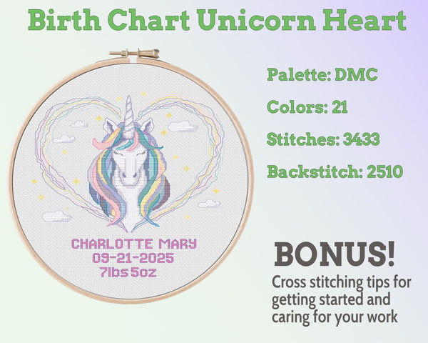 Unicorn Heart Birth Sampler Cross Stitch Pattern PDF (DIY with Alphabet Chart)
