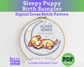 Sleepy Puppy Birth Sampler Cross Stitch Pattern PDF (DIY with Alphabet Charts)