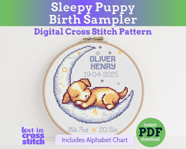 Sleepy Puppy Birth Sampler Cross Stitch Pattern PDF (DIY with Alphabet Charts)