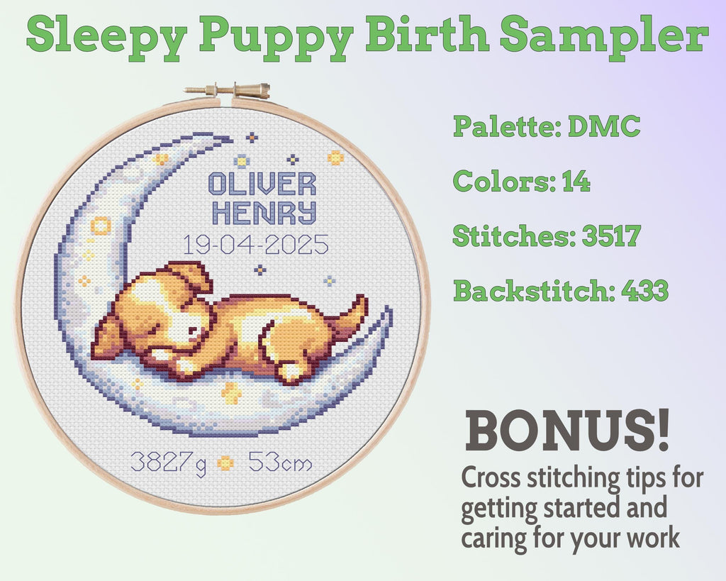 Sleepy Puppy Birth Sampler Cross Stitch Pattern PDF (DIY with Alphabet Charts)